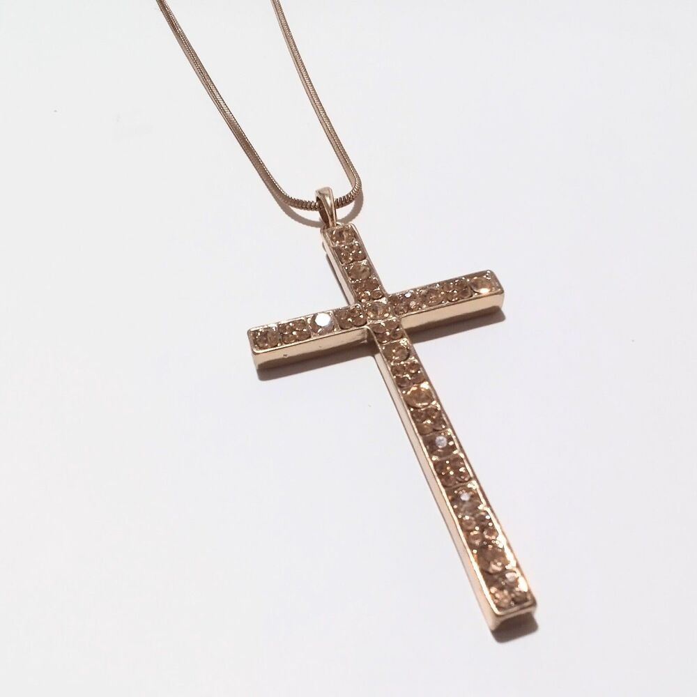 Large Gold Tone Rhinestone Cross Pendant Necklace 32 Inch - Picture 6 of 7